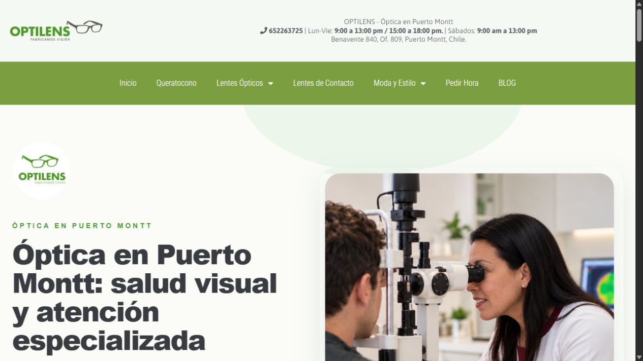 Captura de la página de inicio de Optilens